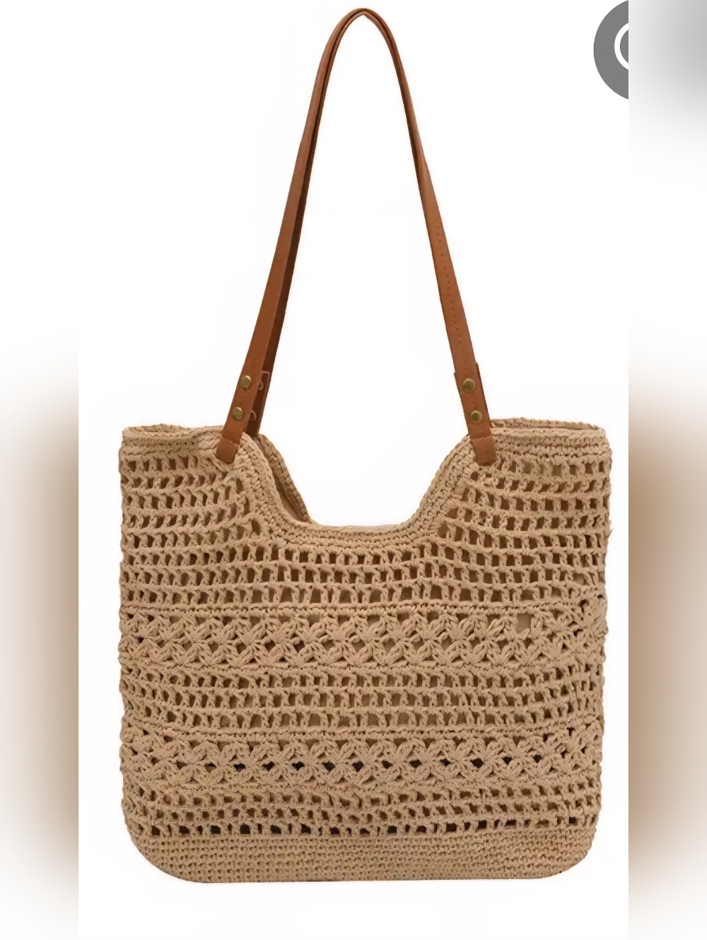 Beige Crochet Woven Tote with Brown Leather Straps